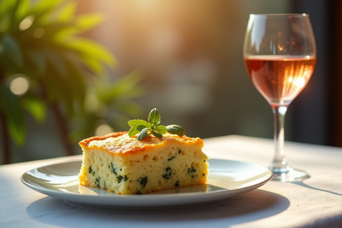 Tranche de gratin zucchini avec verre de rosé en lumière naturelle