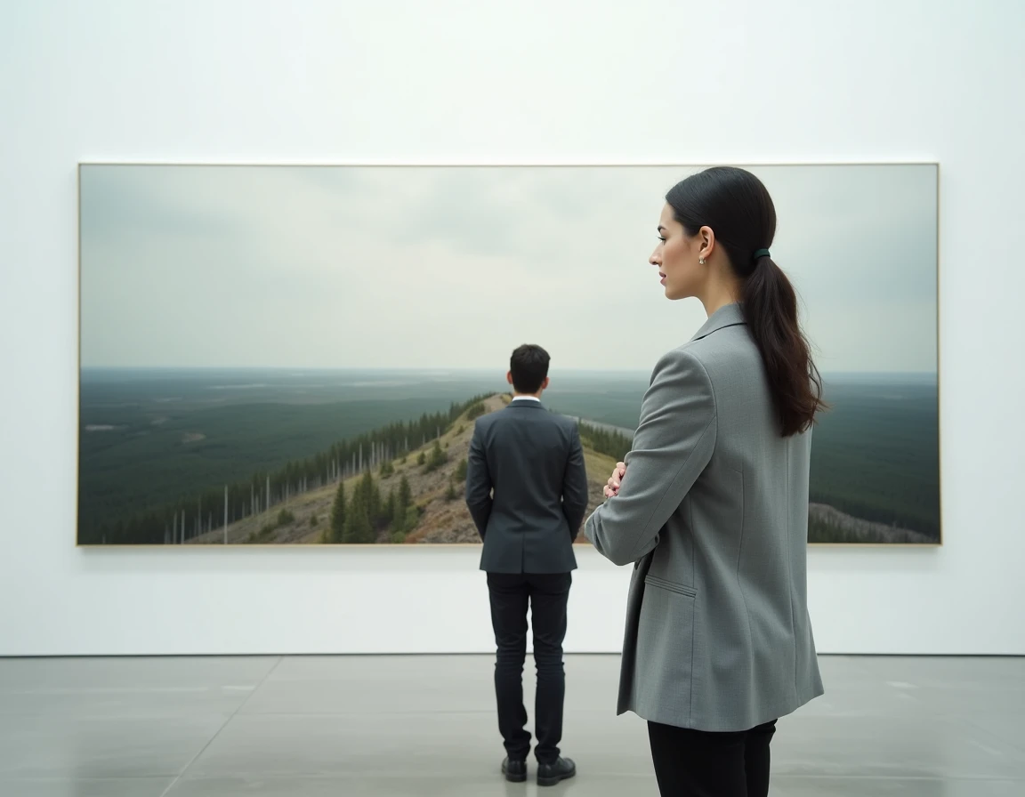 Curatrice observant une grande photographie de paysage de taïga et toundra dans un musée, évoquant l'immensité des territoires russes