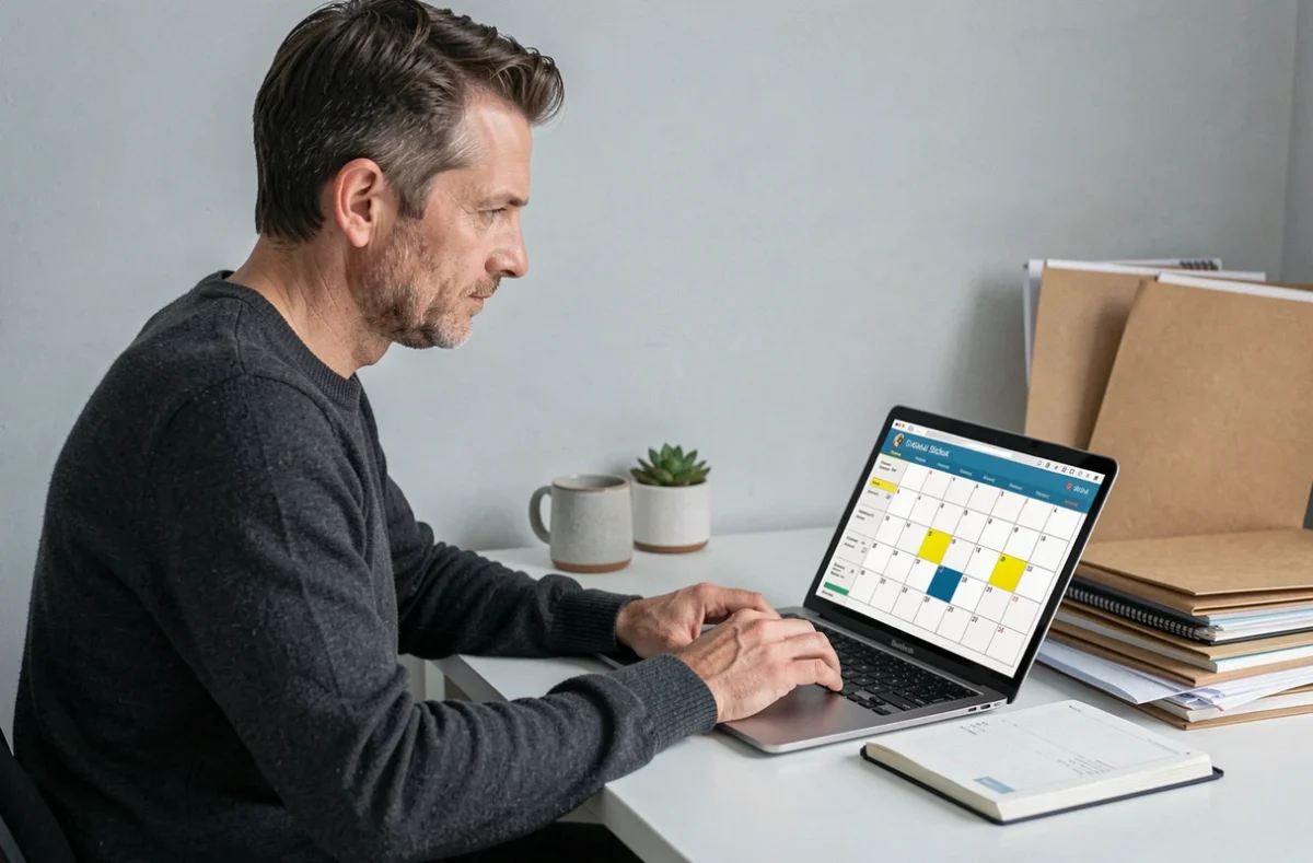 Père consultant un calendrier numérique des semaines paires sur ordinateur portable à son bureau