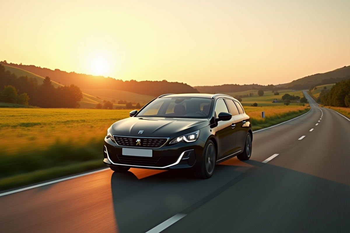 Peugeot 308 2021 en campagne au coucher du soleil