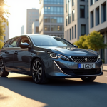 Peugeot 308 2021 en ville moderne sous le soleil