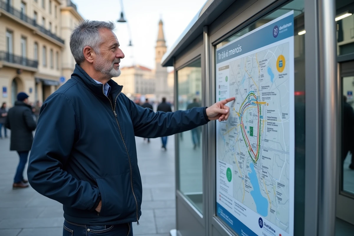 Usager consultant le plan de réseau TAN avec les correspondances de la ligne 2 du tramway de Nantes
