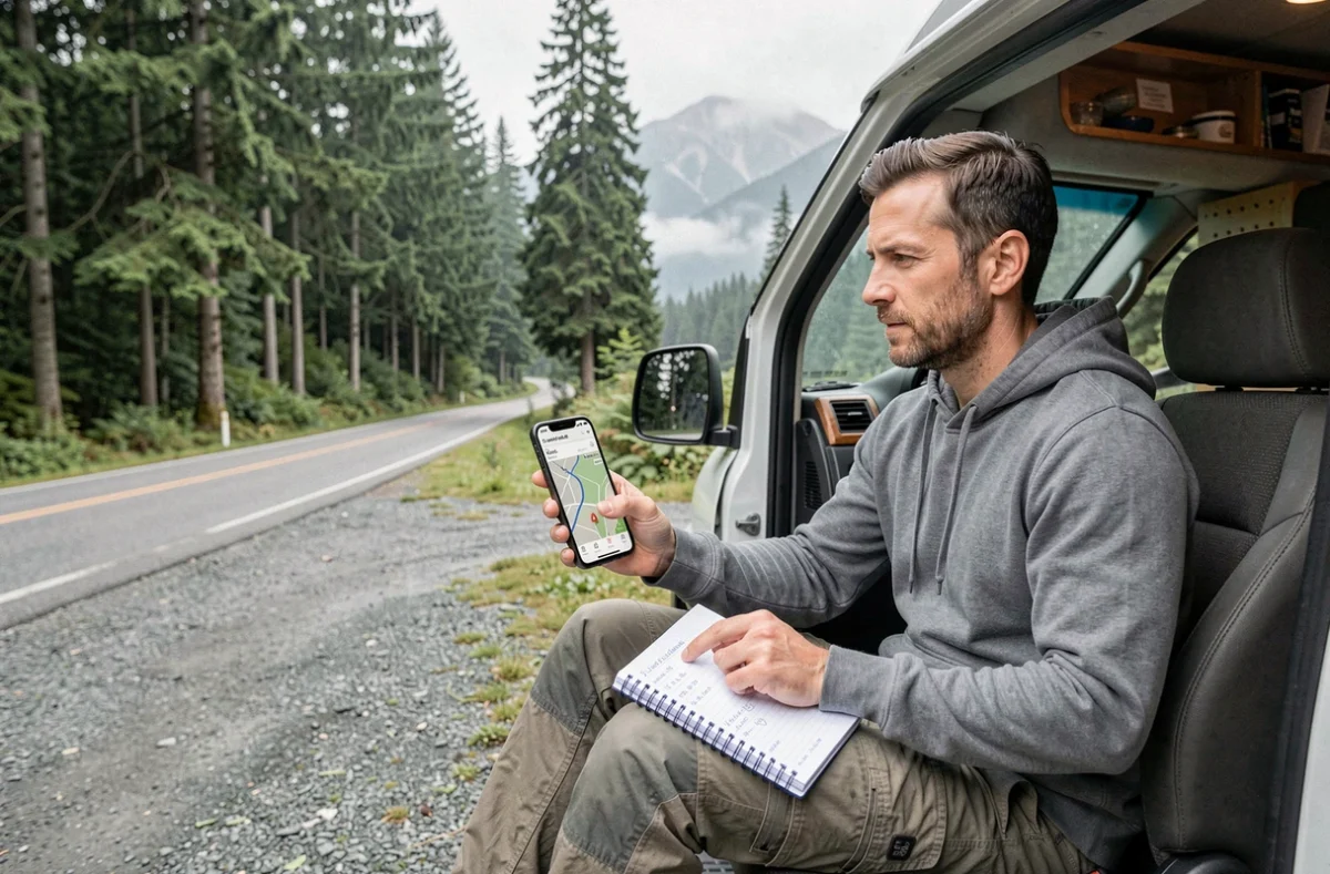 Homme consultant une application GPS et un carnet de budget dans un van aménagé lors d'un road trip en montagne