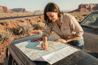 Femme planifiant un road trip sur une carte routière posée sur le capot d'un SUV dans un paysage désertique américain