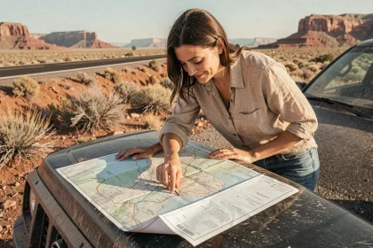 Femme planifiant un road trip sur une carte routière posée sur le capot d'un SUV dans un paysage désertique américain