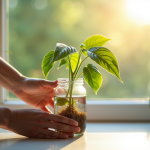 Mains déposant un pothos dans un verre d'eau au soleil