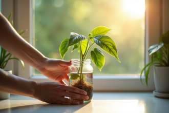 Mains déposant un pothos dans un verre d'eau au soleil