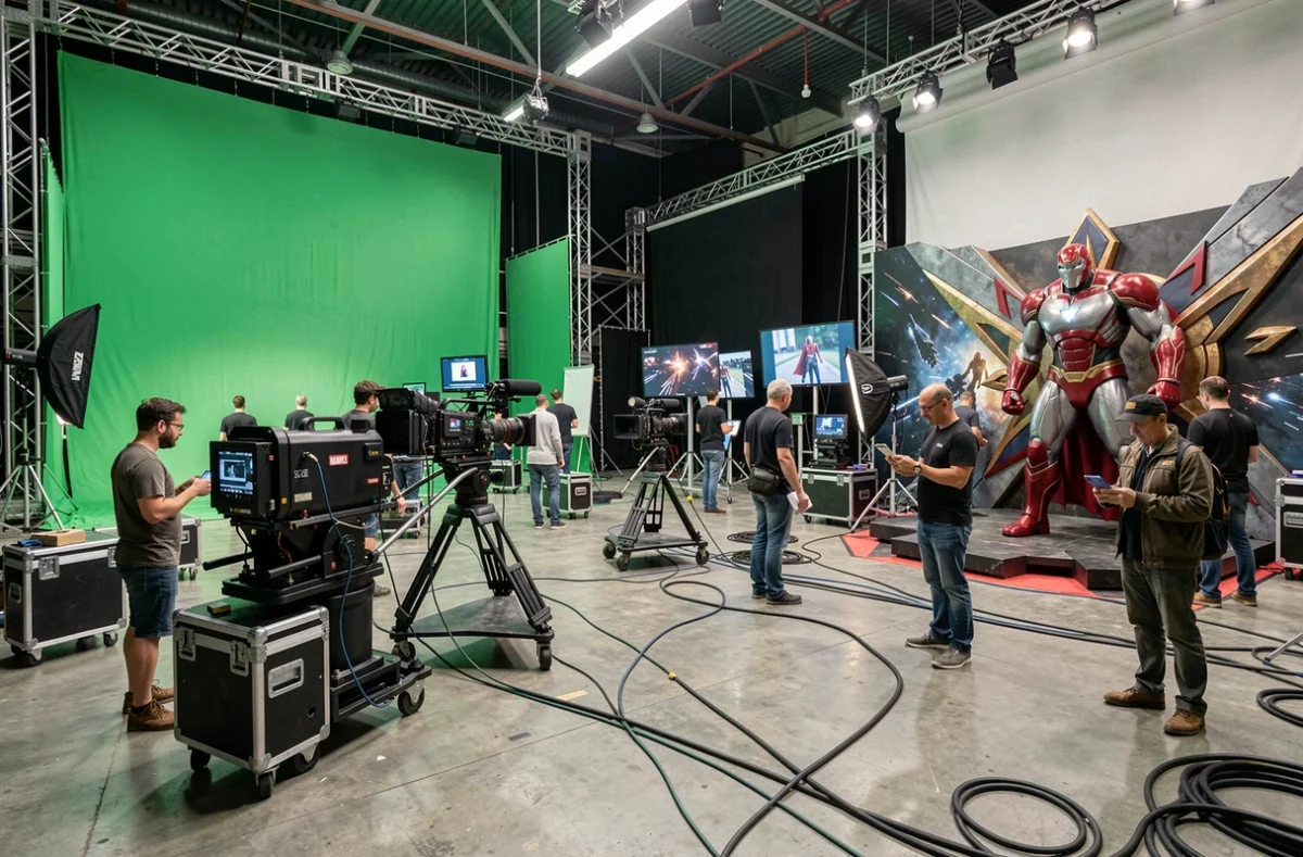 Plateau de tournage animé d'une production Marvel avec équipe technique, écrans verts et décors de super-héros dans un grand studio