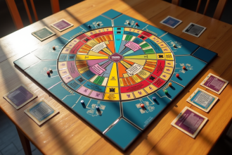 Plateau de jeu Trivial Pursuit vu de dessus avec pièces colorées
