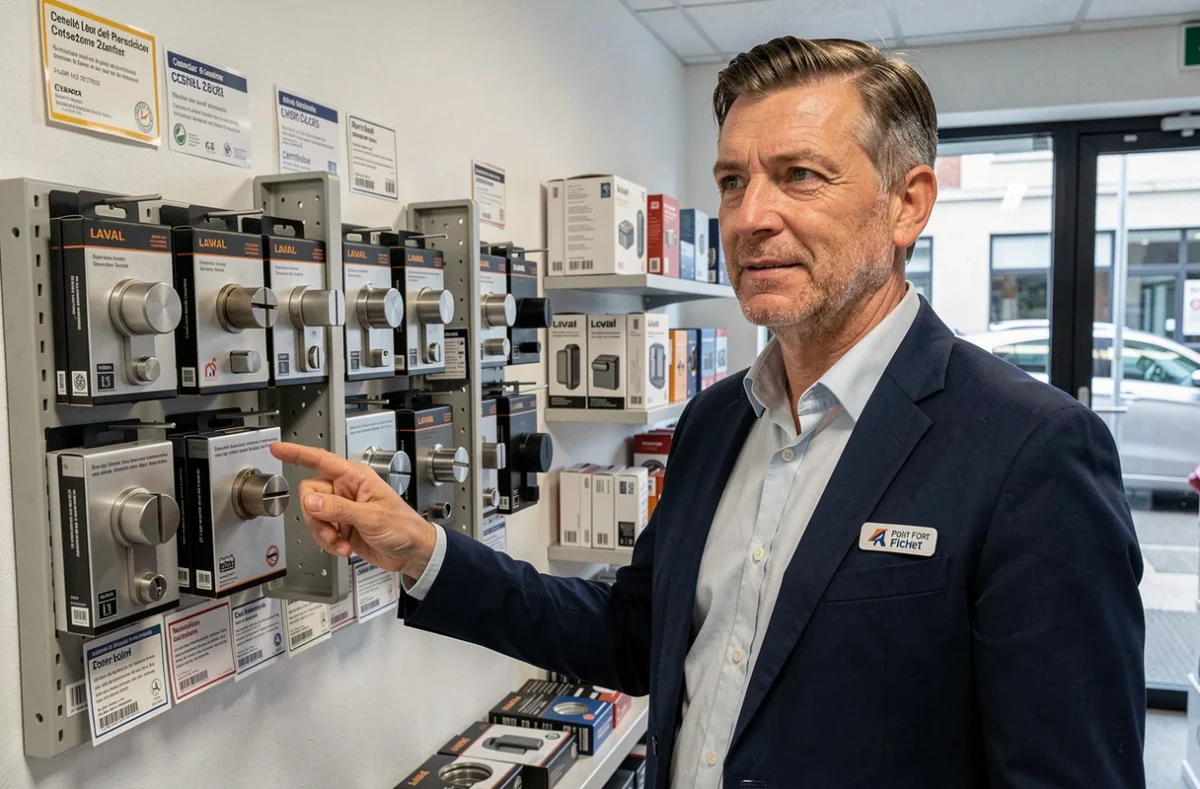 Conseiller Point Fort Fichet Laval présentant des serrures haute sécurité certifiées dans la vitrine de la boutique