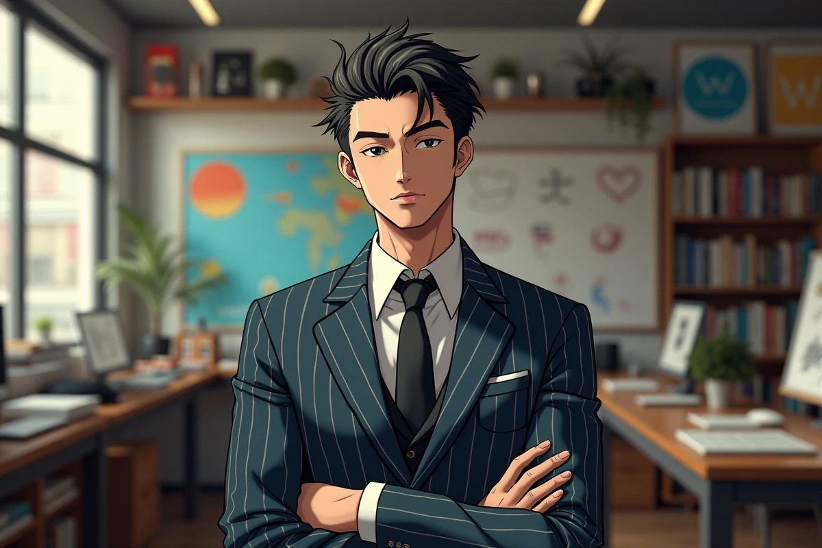 Homme au costume à rayures dans un studio d