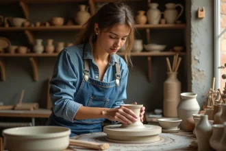 Jeune femme façonnant de la terre dans un atelier artisanal