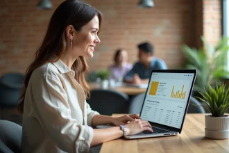 Prestataire d'activités consultant son tableau de bord sur la plateforme Funbooker depuis un espace de coworking