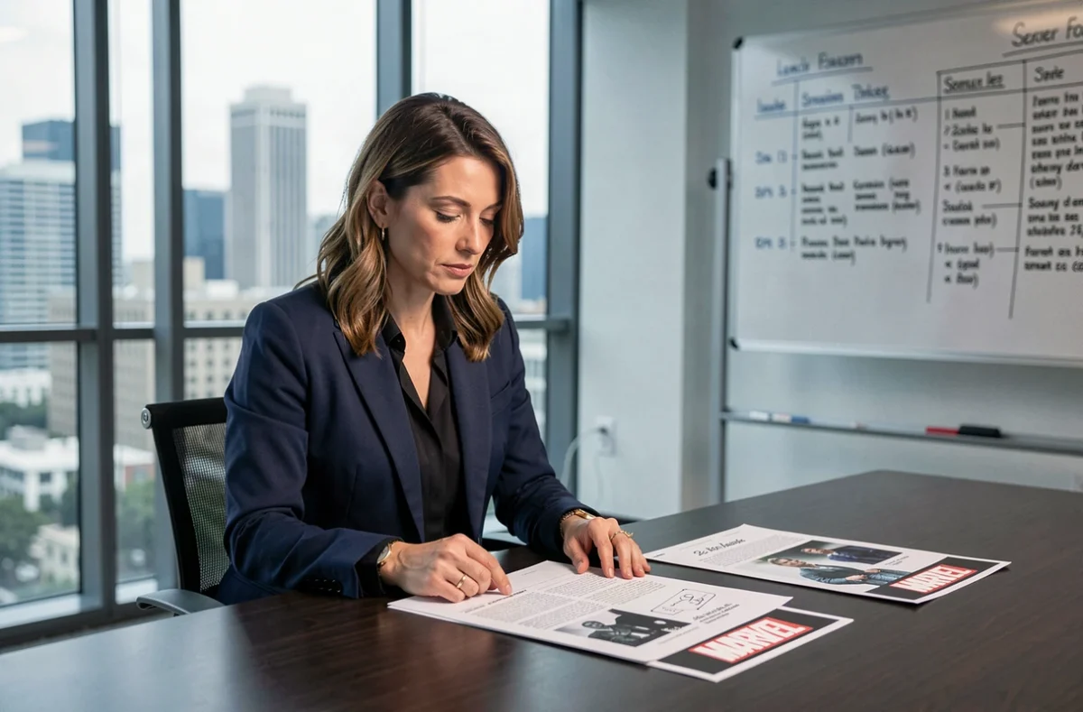 Productrice de cinéma dans un bureau hollywoodien examinant des documents de production liés aux collaborations Marvel