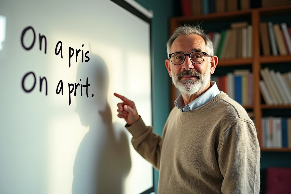 Homme français enseignant avec tableau blanc et phrases en français