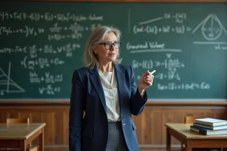 Professeure de physique expliquant le calcul de la densité de la Terre devant un tableau noir couvert de formules mathématiques dans une salle de classe universitaire