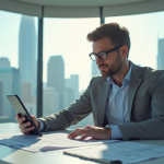 Promoteur immobilier en bureau moderne avec plans et tablette