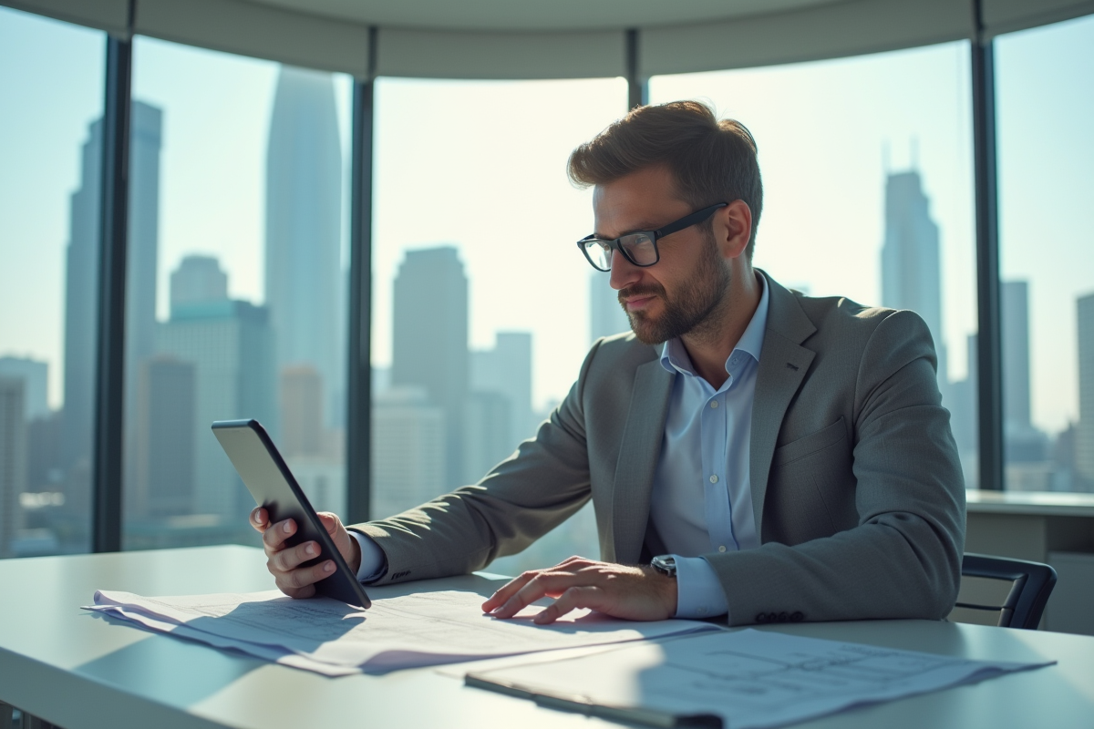 Promoteur immobilier en bureau moderne avec plans et tablette