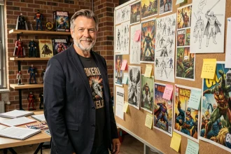 Réalisateur dans un studio de production entouré d'illustrations Marvel et de planches de storyboard, ambiance créative et collaborative