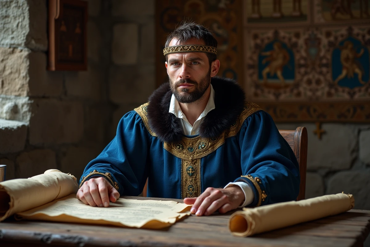 Reconstitution historique d'un roi médiéval français en tenue royale du XIVe siècle assis face à des parchemins