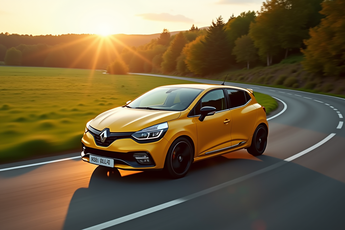 Renault Clio 2 V6 roulant sur une route de campagne