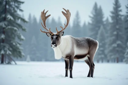 Renne majestueux dans une forêt enneigée avec des bois couverts de neige, évoquant la magie du renne du Père Noël à Noël
