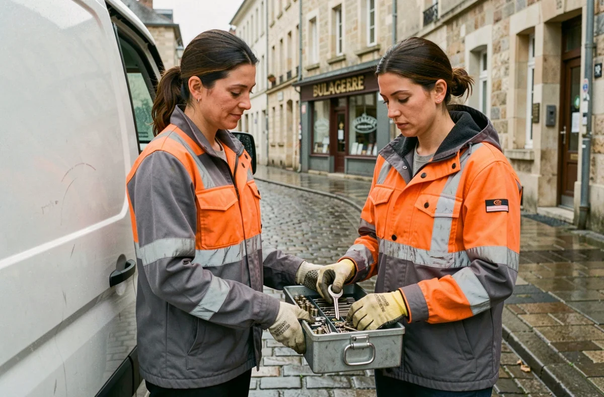 Serruière d'urgence rangeant ses outils professionnels près de son véhicule utilitaire dans une rue de Seine-et-Marne