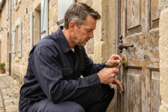 Serrurier professionnel examinant une serrure ancienne sur une porte en pierre dans un village de la Mayenne