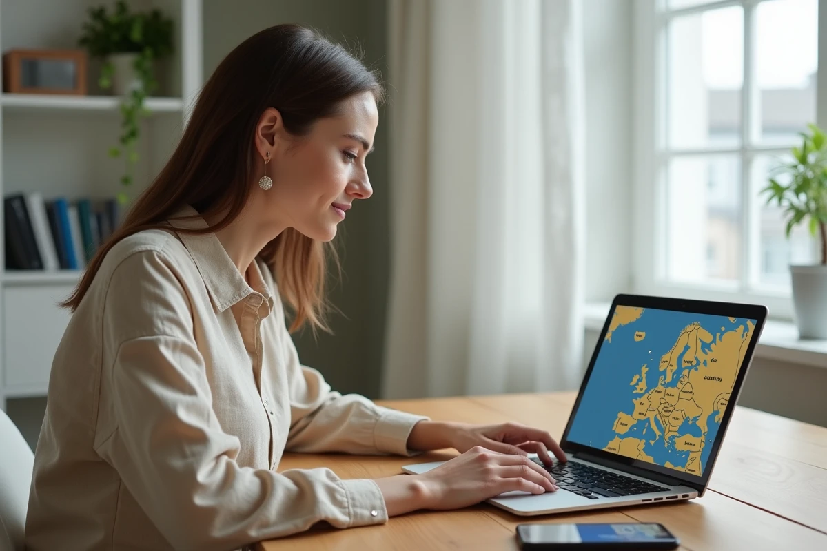 Jeune femme suivant l'acheminement d'un colis GLS France Europe sur un ordinateur portable depuis son bureau à domicile