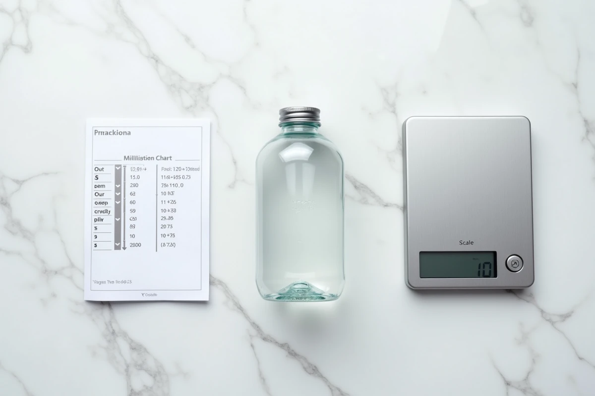 Mise en scène à plat d'une bouteille d'un litre avec tableau de conversion en millilitres sur marbre blanc