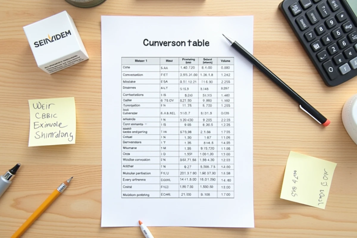 Vue du dessus d'un tableau de conversion de mètres cubes imprimé sur un bureau en bois avec calculatrice et notes