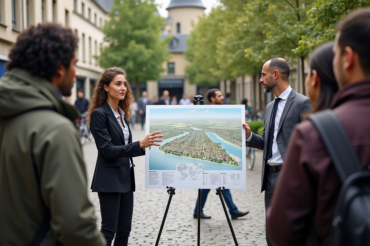 Urbaniste jeune présentant un plan de ville à des habitants