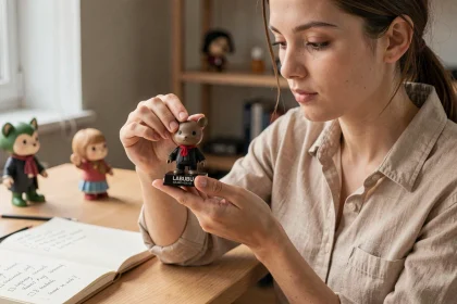 Jeune femme inspectant attentivement un Labubu original pour vérifier son authenticité, avec une checklist manuscrite sur le bureau