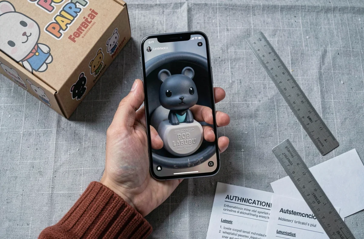 Vérification du numéro de série et du logo Labubu sur la base du jouet à l'aide d'un smartphone et de l'emballage Pop Mart officiel