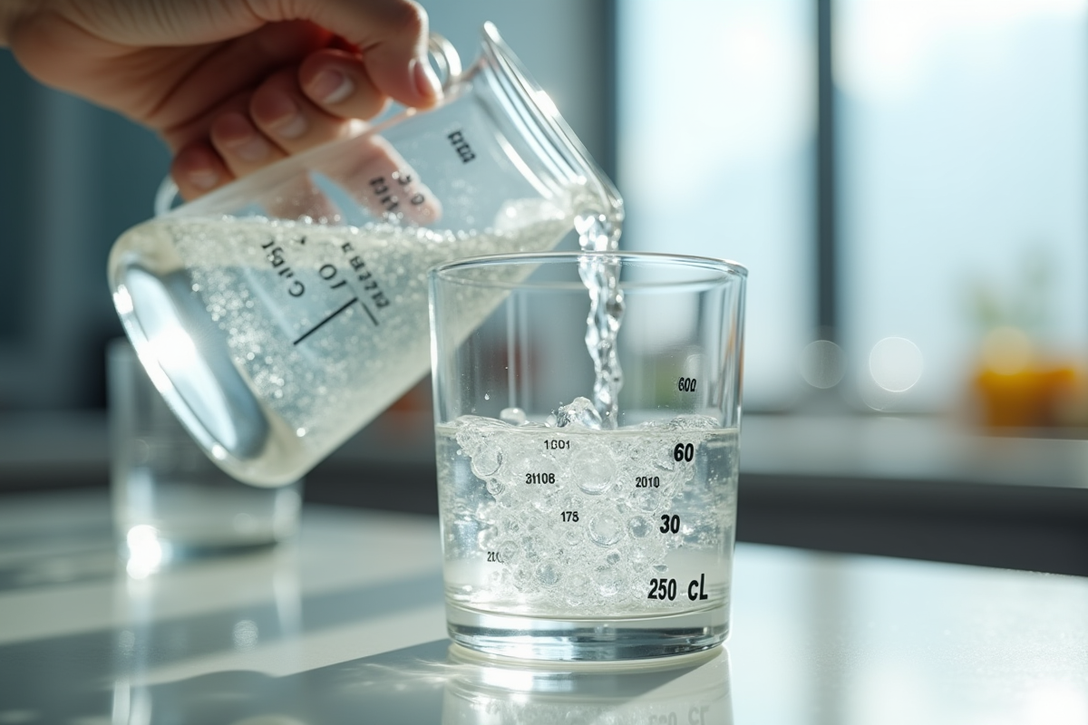 Versement liquide dans un verre avec marque de 250 cl en gros plan