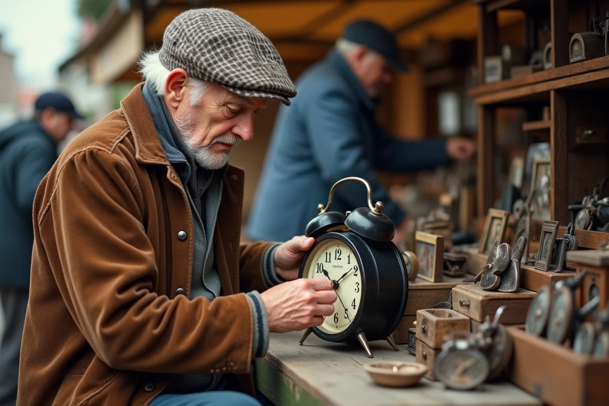 Homme âgé inspectant une ancienne horloge mécanique sur un étal de vide grenier en Savoie