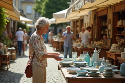 Femme parcourant des objets anciens lors d'un vide grenier en Savoie sur une place de village pavée