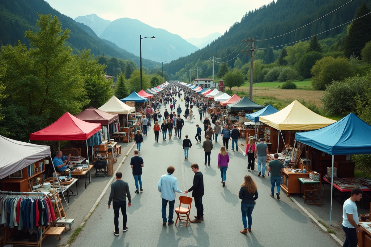 Vue aérienne d'un grand vide grenier en plein air en Savoie avec des dizaines d'étals et des visiteurs