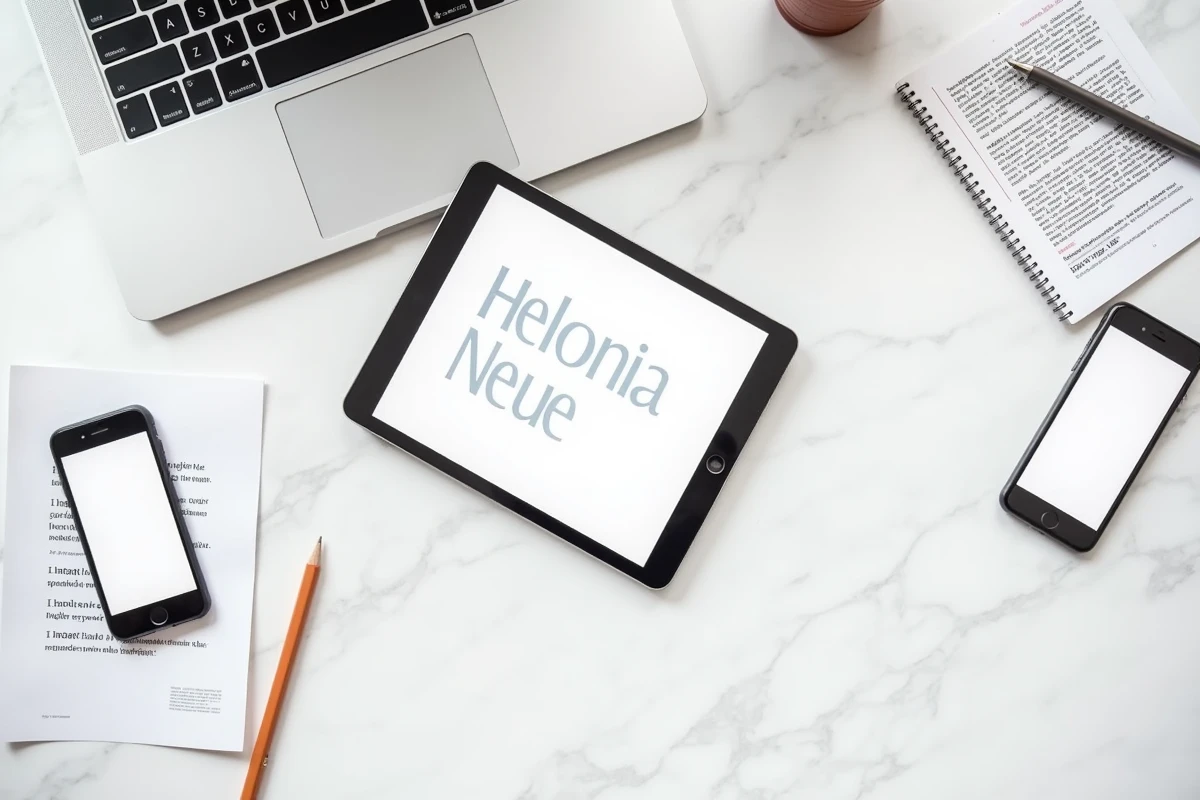 Vue de dessus d'un smartphone, d'une tablette et d'un ordinateur portable affichant la typographie Helonia Neue en responsive design